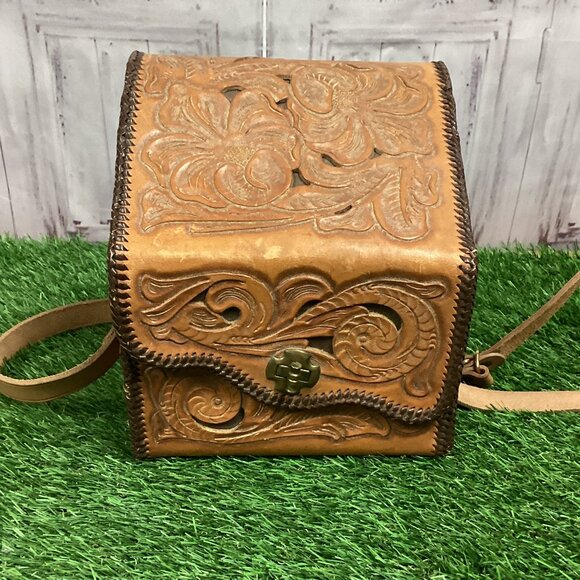Vintage Handbags - Vintage Hand Tooled Leather Hard Shell Bag